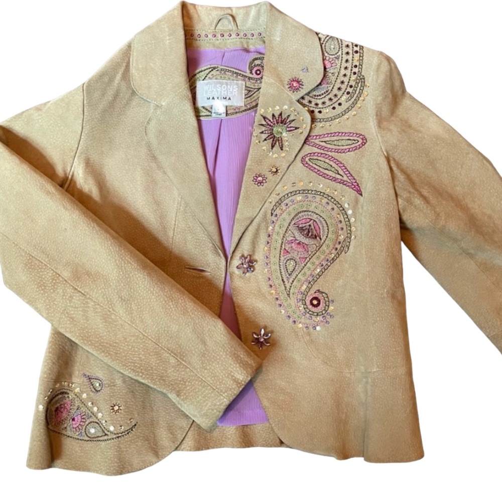 Wilson Maxima Boho 70s Suede‎ Paisley Blazer Jacket Embroidered Sequin Size L